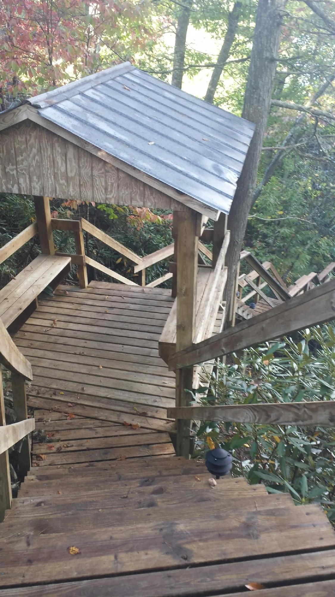 Metal roofed shelter over wooden steps on a wooded walkway — Skylight Repair & Installation work by our crew in Woodbine